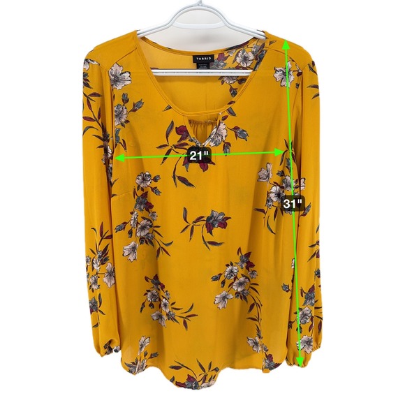 Torrid Womens Mustard Yellow Floral Keyhole Long Sleeve Blouse Top Size 1 - Picture 6 of 6